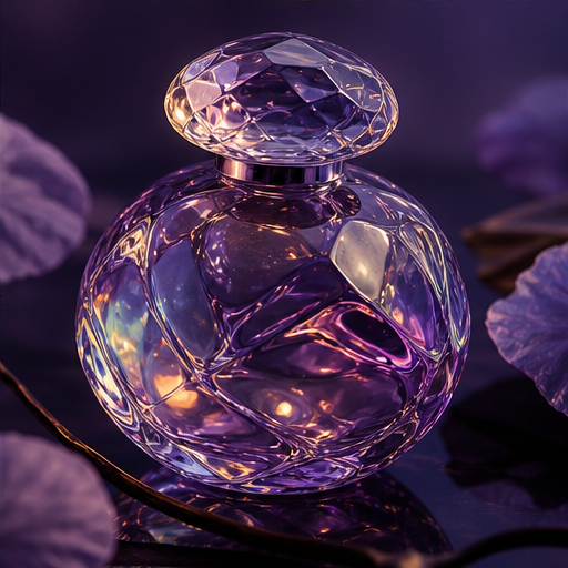 Sculptural violet perfume bottle among crystals