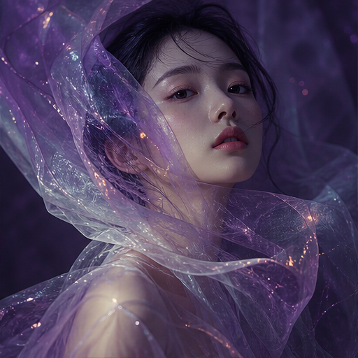 Editorial portrait wrapped in translucent crystal fabric