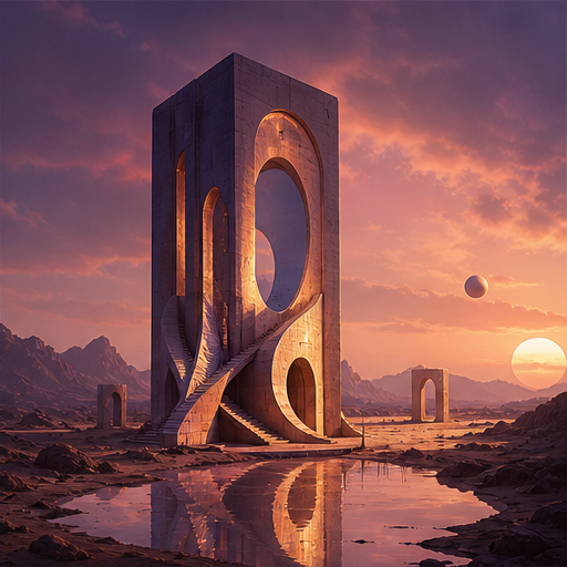 Monumental geometric portal in a sunset desert