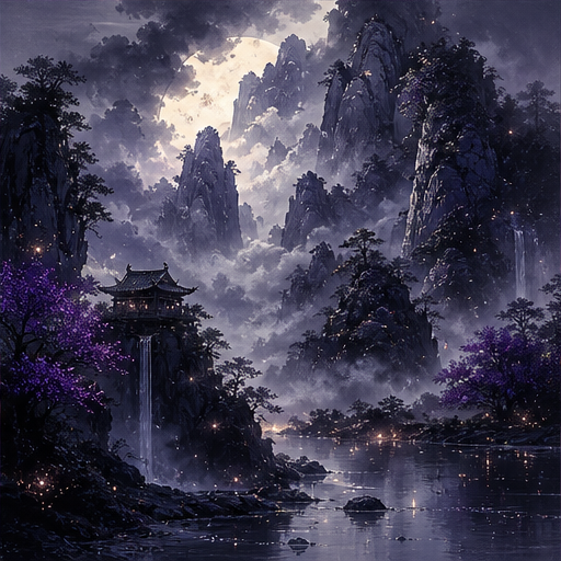Moonlit mountain temple above a misty river