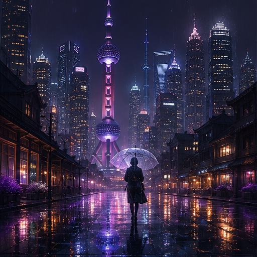 Rainy neon city street with a solitary figure