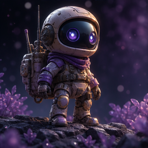 Small explorer robot among violet crystals