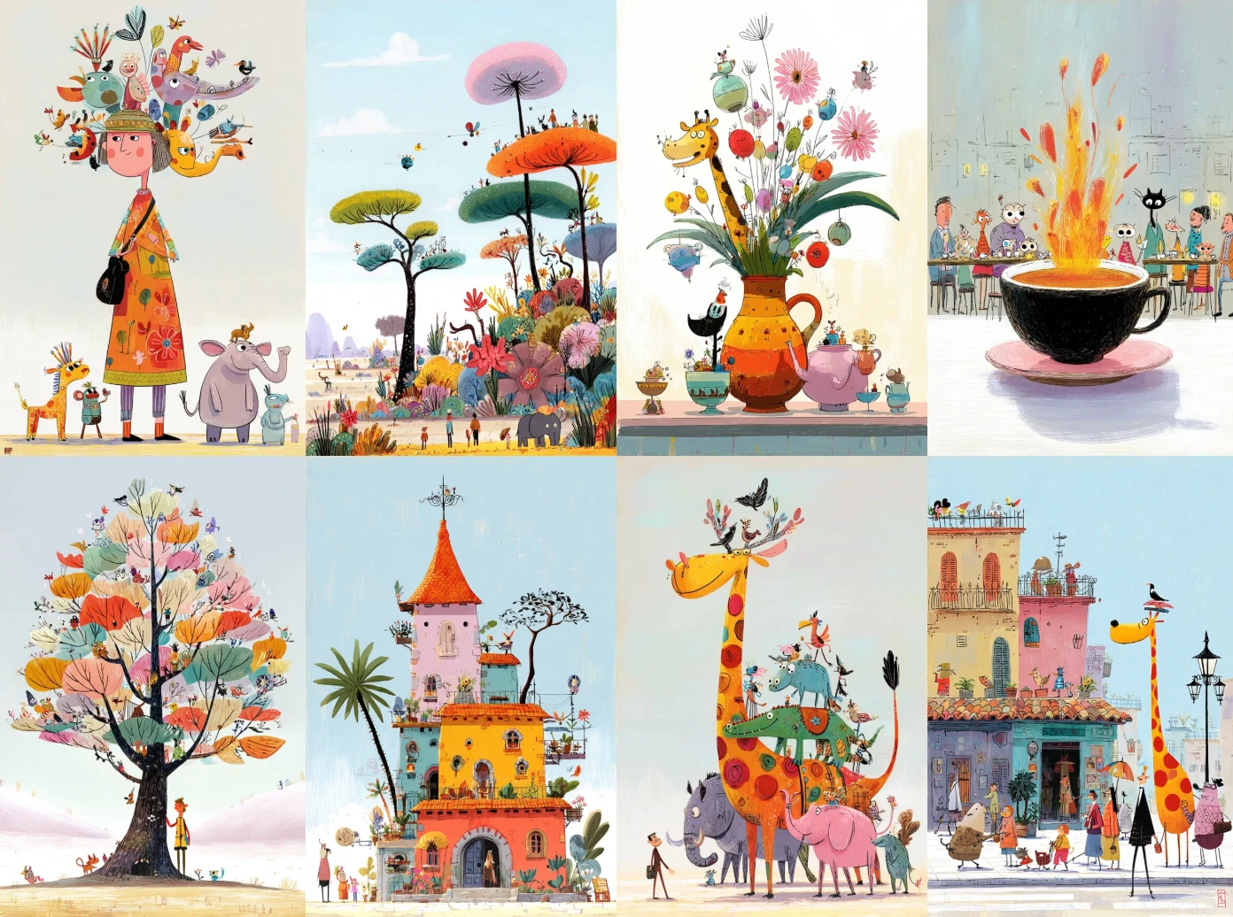 Whimsical Midjourney illustration featuring animals and a colorful townscape