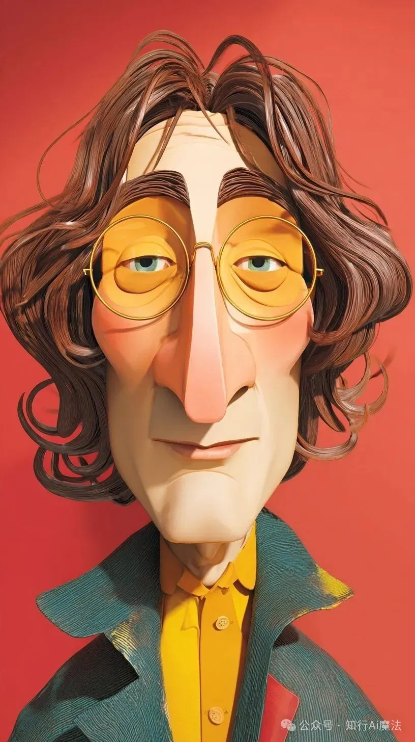 Stylized clay caricature of a long-haired rock musician with round glasses