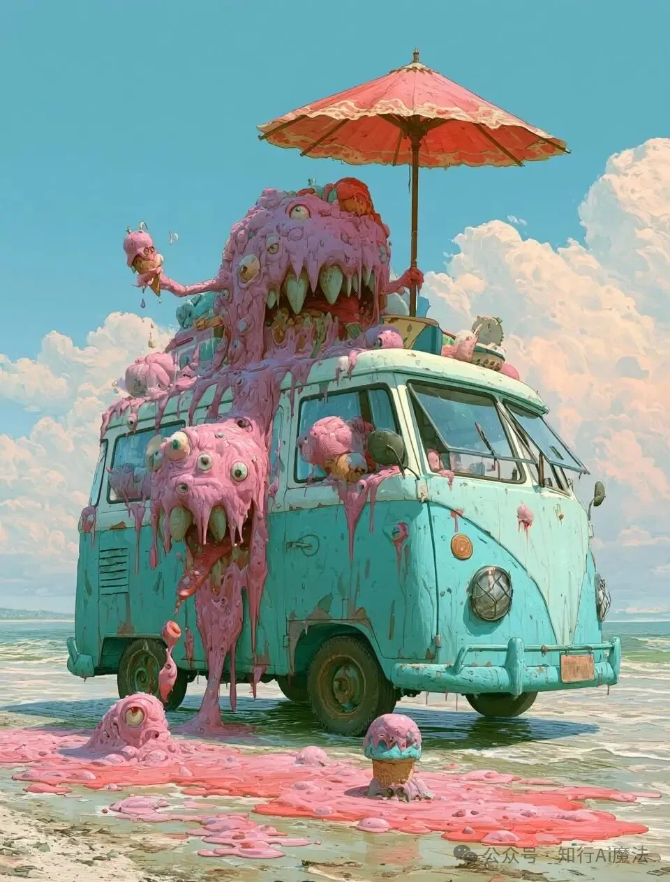 Mint-green beach van covered by melting pink ice-cream monsters