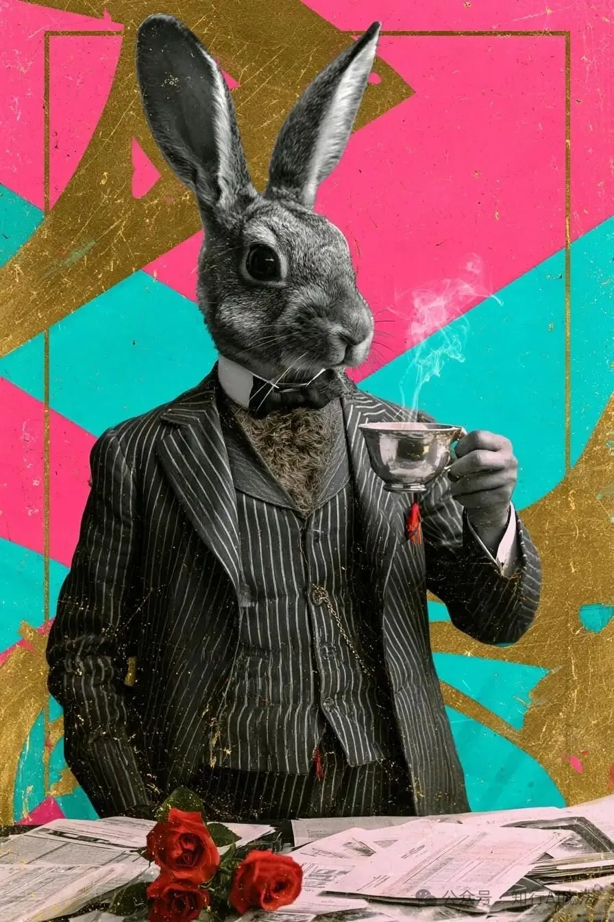 Anthropomorphic rabbit gentleman in a pinstripe suit holding a steaming silver cup