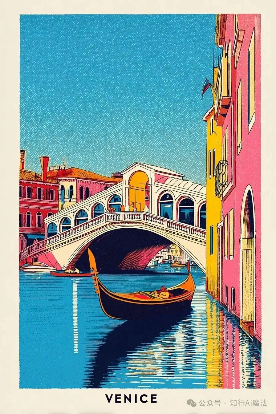 Vintage Venice travel poster with the Rialto Bridge and a gondola