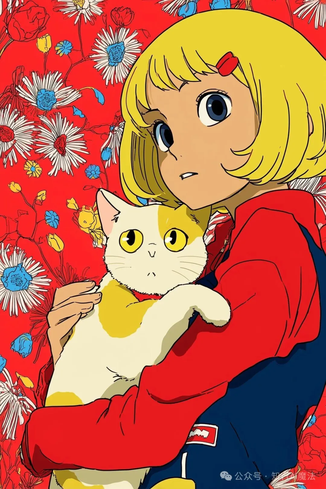 Retro anime girl holding a white-and-yellow cat rendered with screentone dots